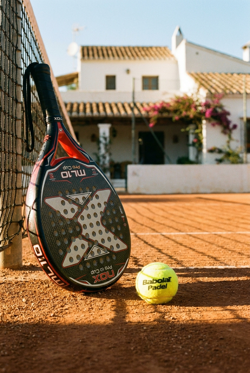 Padel Schläger und Ball auf einem mediterranen Court