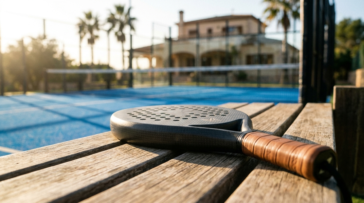 Padel Schläger auf einer Bank am Court