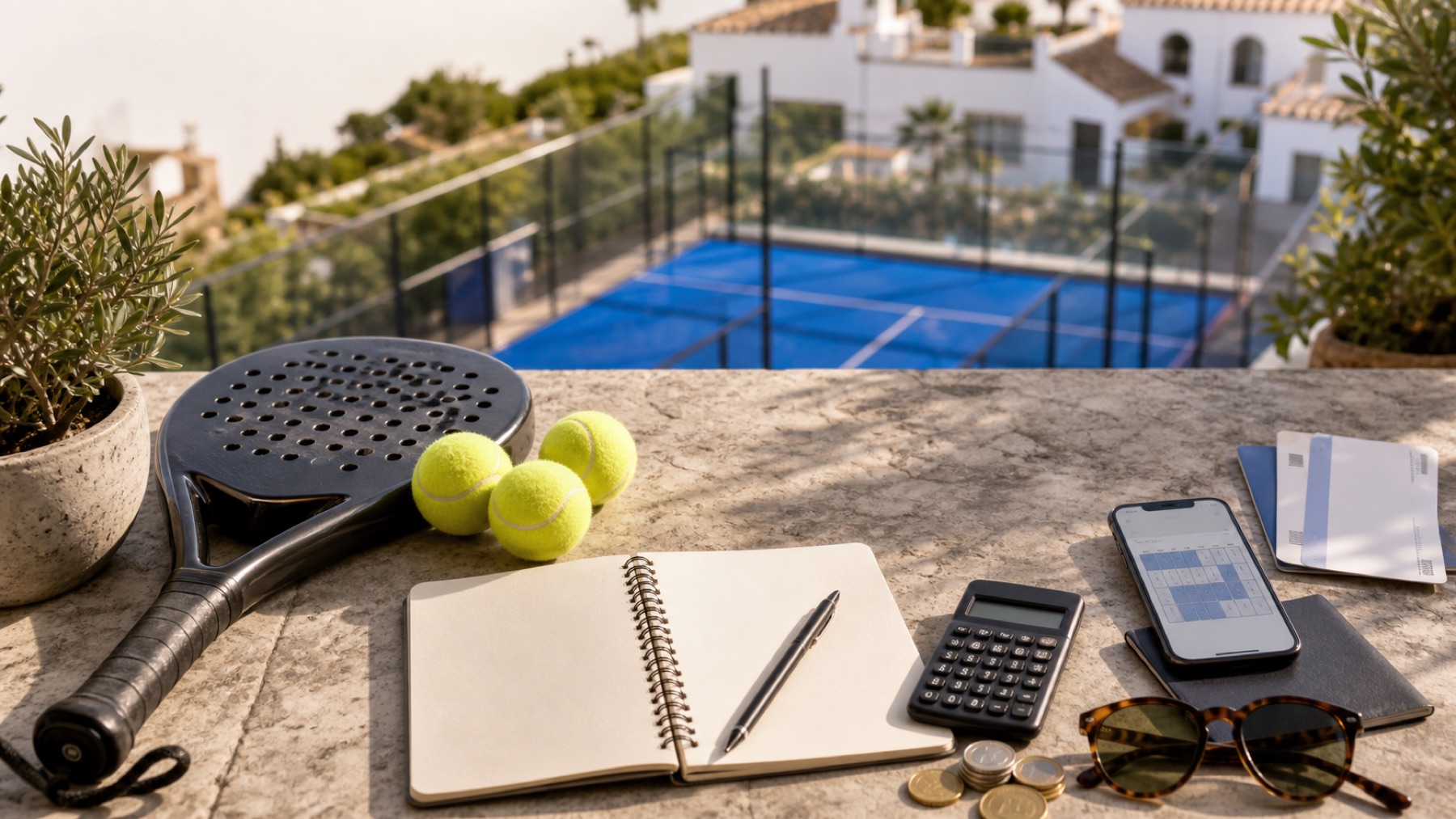 Padel-Schläger, Bälle, Notizbuch, Rechner, Euro-Münzen und Smartphone vor einem sonnigen Court