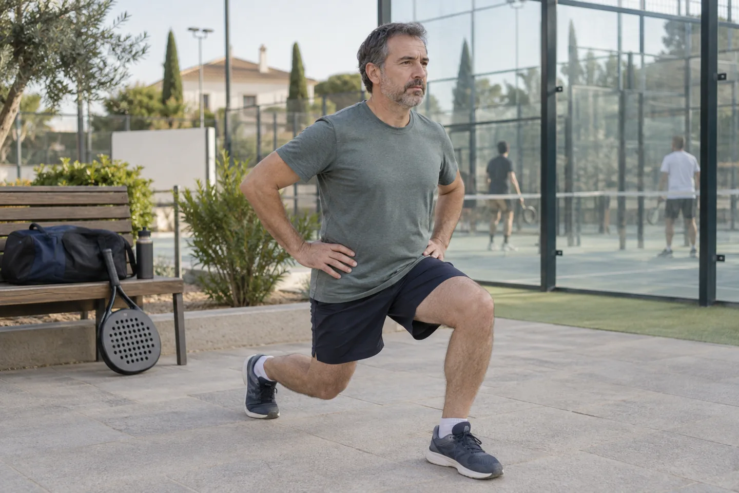 Ein Mann übt einen kontrollierten Ausfallschritt neben einem Padelcourt.