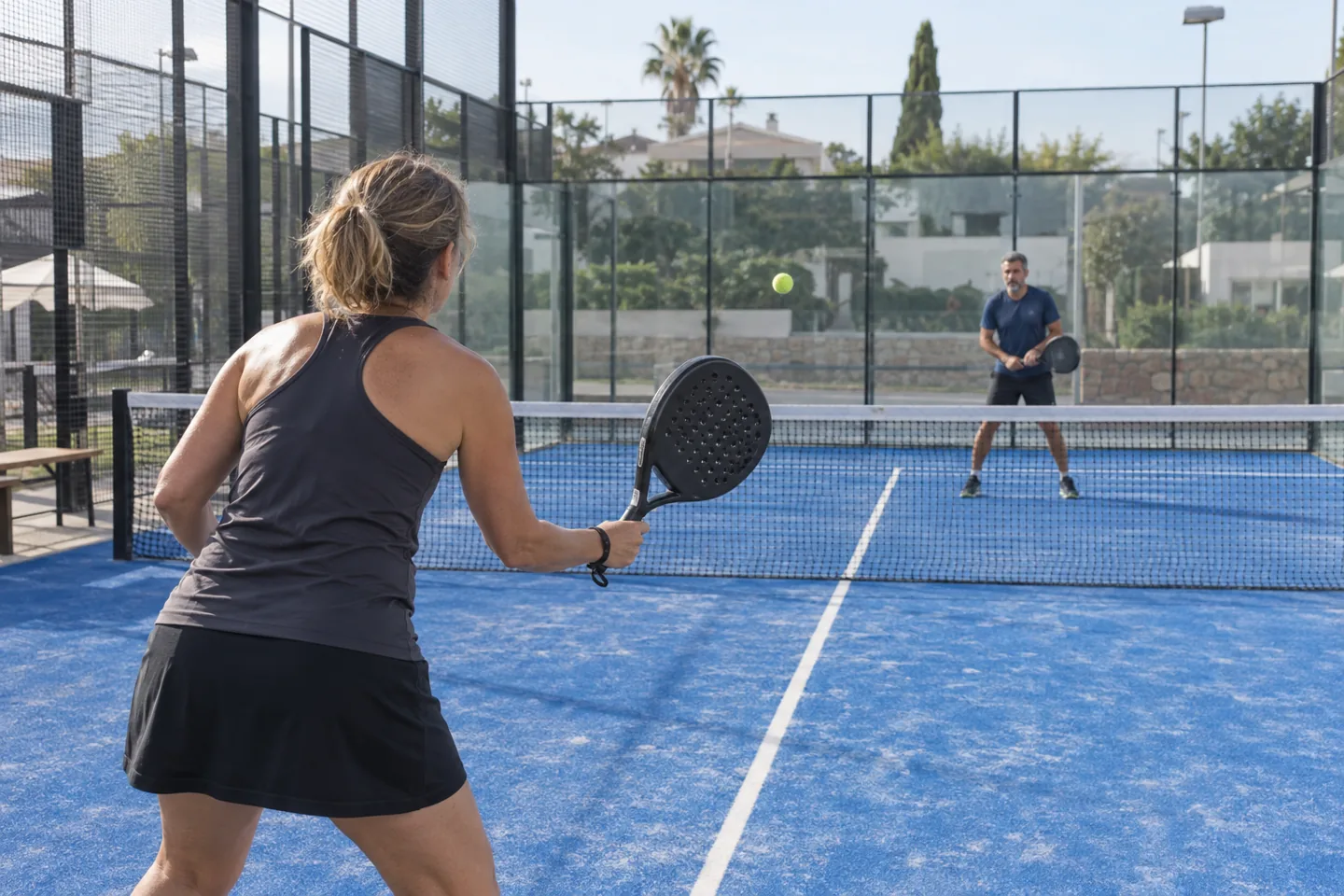 Zwei Erwachsene spielen einen ruhigen Ballwechsel auf einem blauen Padelcourt.