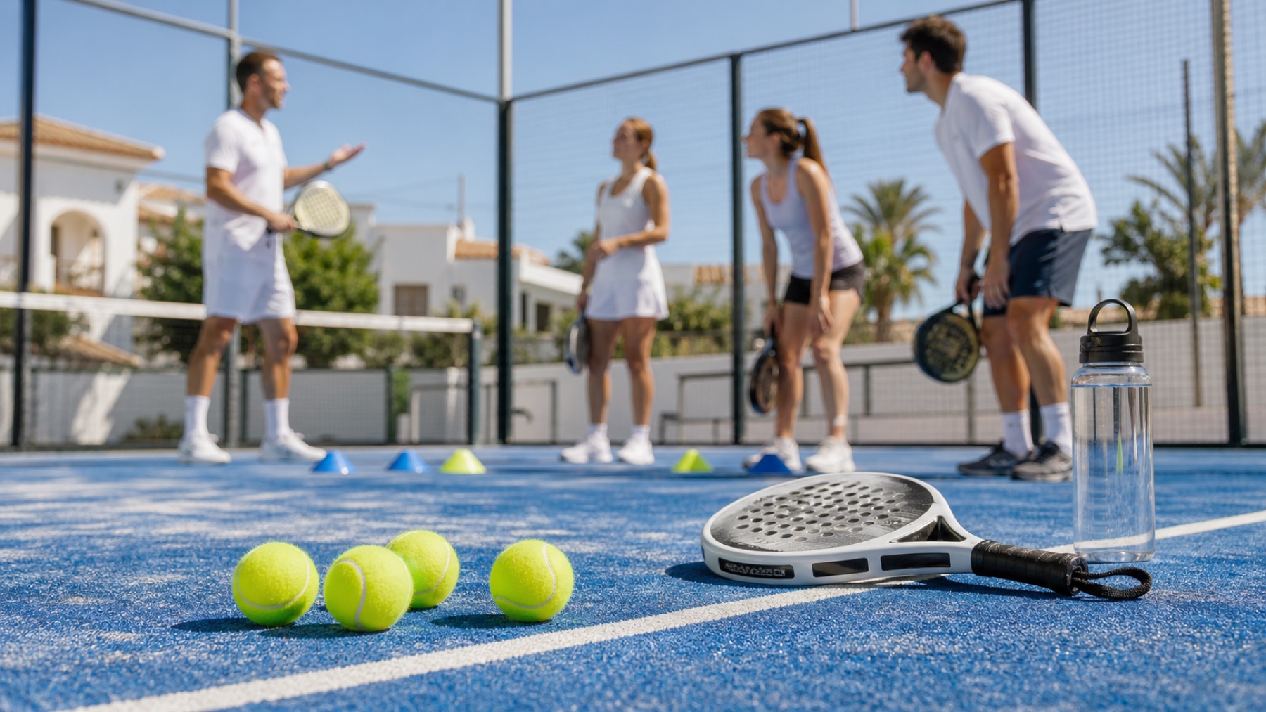 Padel-Schläger und Reiseplan für einen Anfängerurlaub in Spanien
