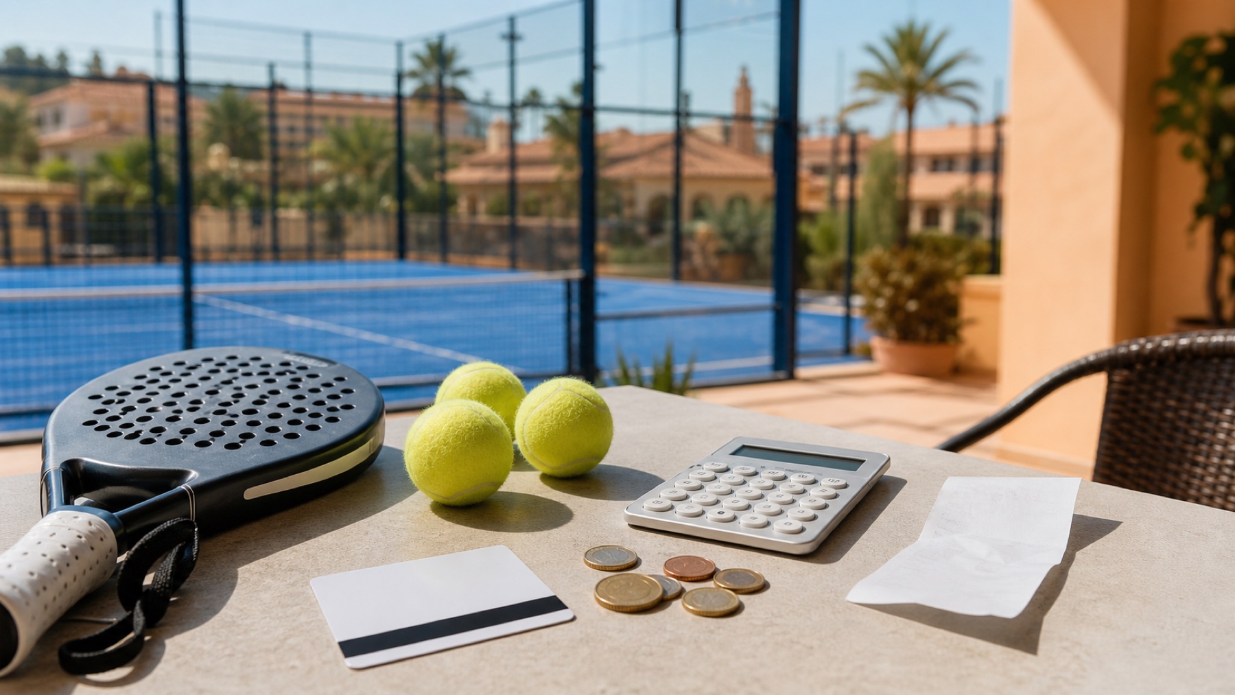 Padel-Schläger, Bälle und Reisekarte auf einer sonnigen Terrasse in Spanien