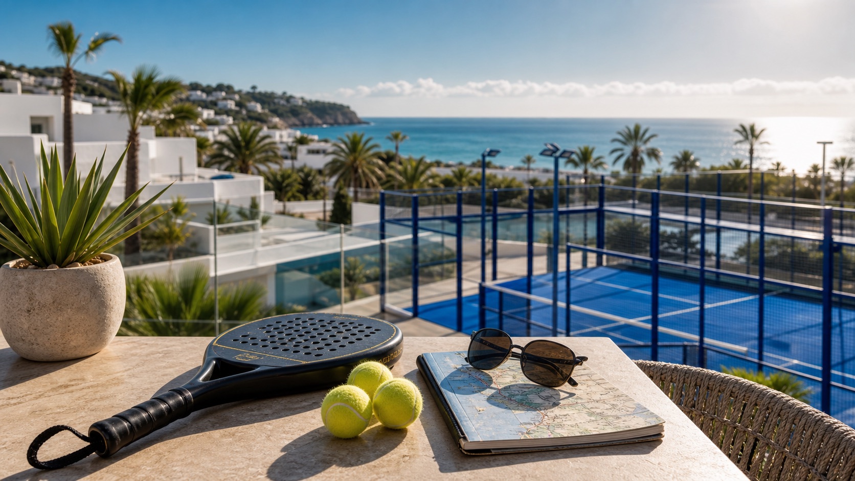 Padel-Schläger, Bälle und Reisekarte auf einer sonnigen Terrasse mit Padel-Court an der spanischen Küste