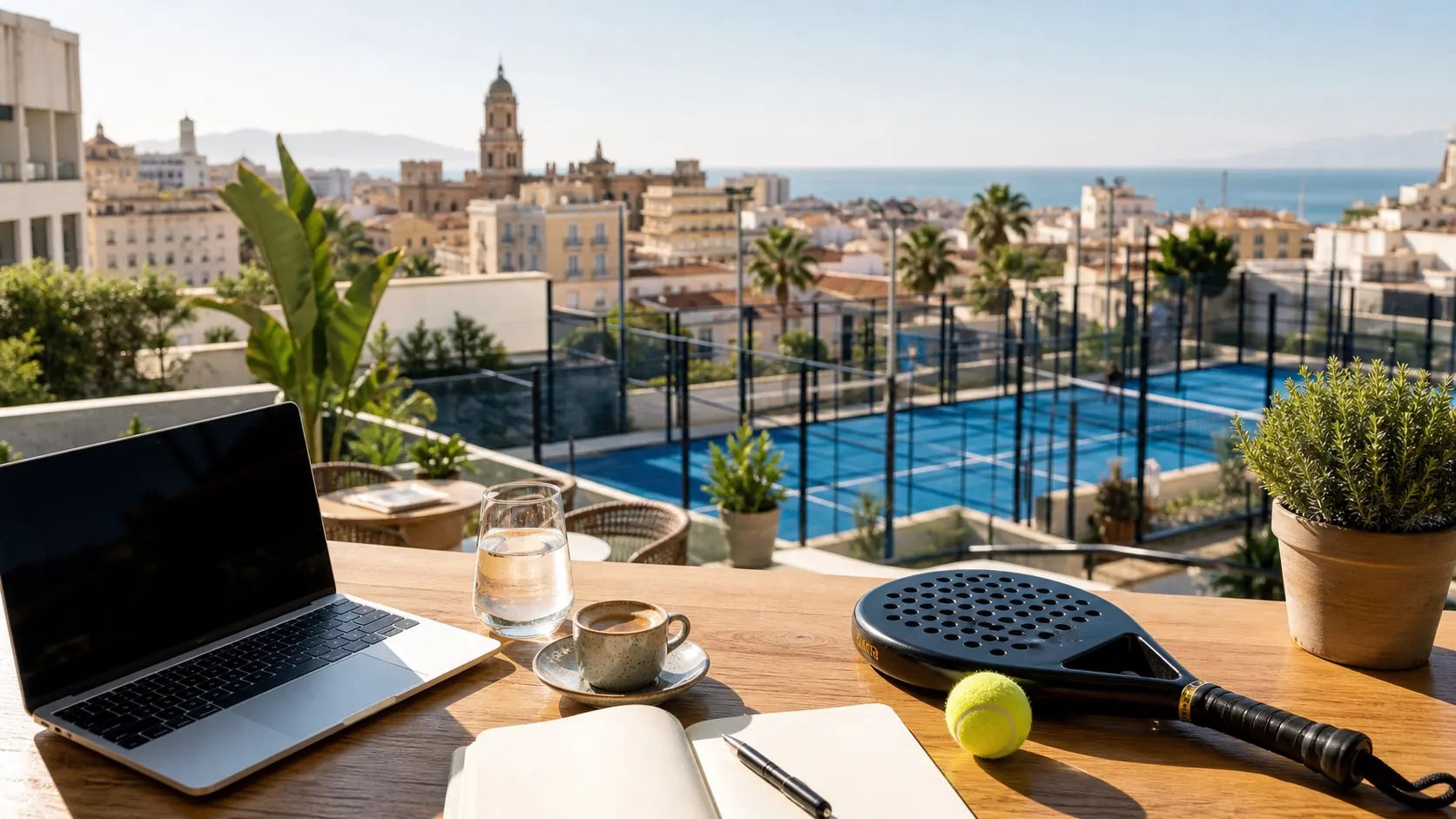 Laptop, Padel rackets and coffee on a sunny Workation terrace with Padel court in Málaga