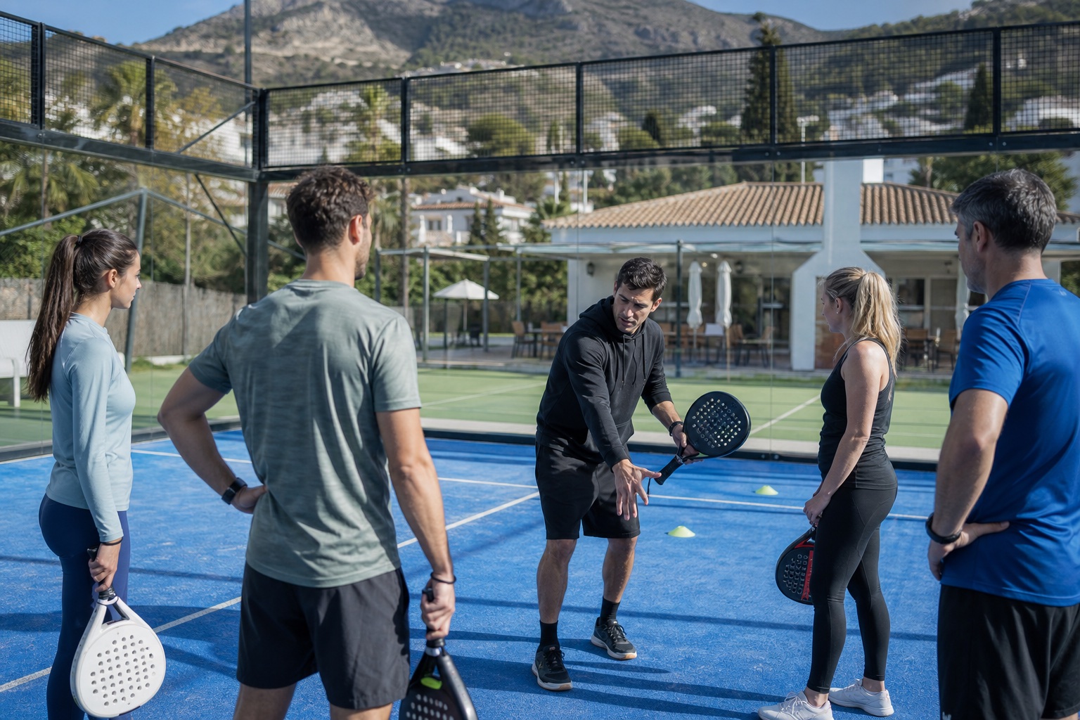 Kleingruppen-Coaching auf einem Padel-Court in Spanien