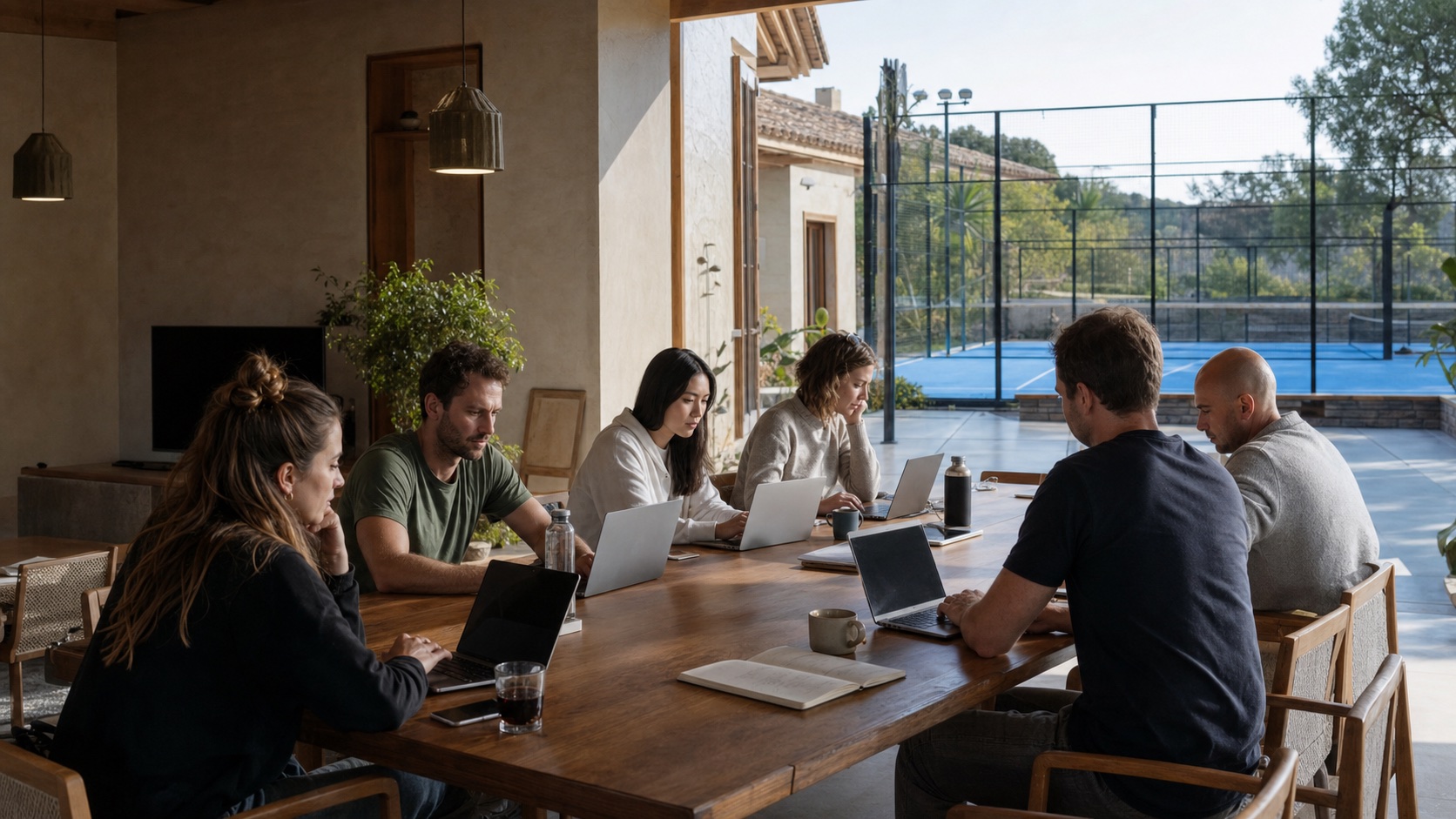 Kleine Workation-Gruppe arbeitet in einer Villa mit Padel-Court bei Málaga