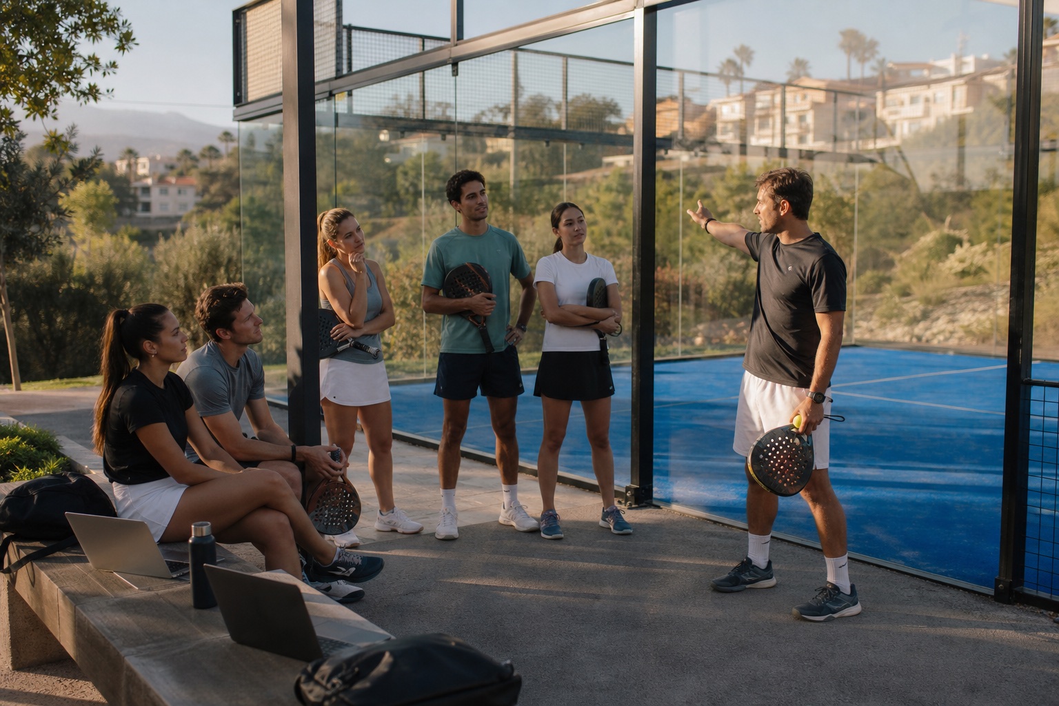 Padel-Coach erklärt einer kleinen Workation-Gruppe die nächste Übung