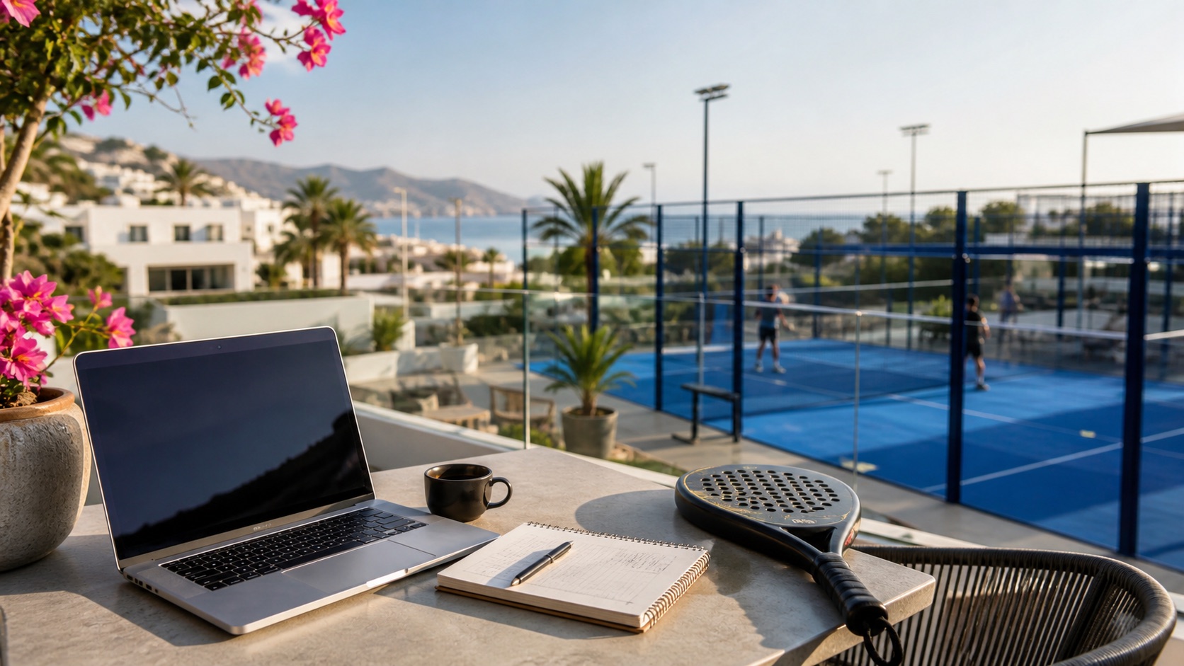 Workation-Terrasse mit Laptop, Padel-Schläger und Padel-Court