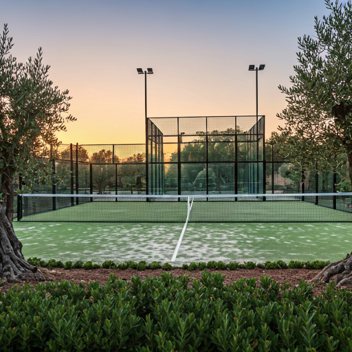 Padel Court in mediterraner Umgebung bei Sonnenuntergang